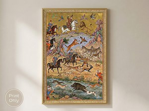 Persian Miniature Print, the Royal Hunt | Iranian Wall Art | Safavid Poster | Mughal Hunting Scene | Traditional Islamic Decor | Middle East - Etsy