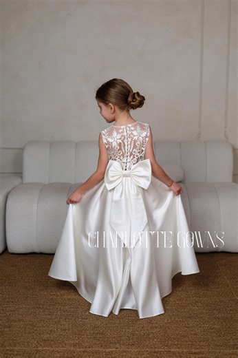 Satin Flower Girl Dress, Ivory Girl Dress, Girl Lace Gown, Satin Girl Wedding Dress - Etsy