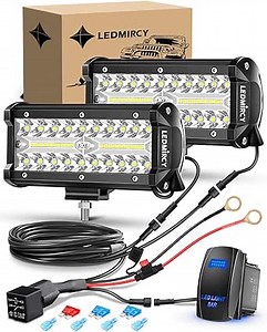 LEDMIRCY 7 Inch LED Light Bar Kit with Rocker Switch Wiring Harness 2PCS LED Pod Lights Triple Rows White Spot Flood Combo Beam Off Road Lights for Truck ATV SUV UTV Boat IP68 Waterproof