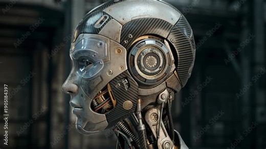 Futuristic humanoid robot head with glowing blue eyes and visible mechanical details, sleek humanoid android head with exposed mechanical neck