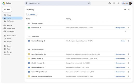 80 reactions · 5 comments |  There's a new activity view in #GoogleDrive that shows pending access requests, recent comments, and approvals for files - all in one place. Learn more → https://goo.gle/490hFiV | Google Workspace | Facebook