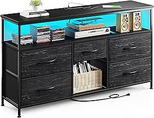 TV Stand for Bedroom with LED Lights & Power Outlets, 5 Drawers Dresser Entertainment Center for 45/50" TV, Fabric Dressers with Storage Wood Shelves for Living Room,Dorm, Sturdy Metal Frame, Black