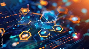 Circuit board with many different colored squares and hexagons. Concept of complexity and interconnectedness, as each square