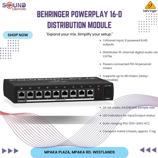 The Behringer P16-D is a 16-channel digital distribution hub designed for the Powerplay personal monitoring system. With a single Ultranet input and eight powered RJ45 outputs, it allows seamless, plug-and-play distribution of high-quality digital audio to multiple P16-M personal mixers, all over standard CAT5e cables. Engineered for simplicity, reliability and expandability, the P16-D is perfect for bands, worship teams, studios and any live or recording environment needing scalable, individual