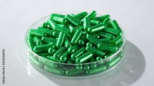Video scene for pharmaceutical product advertising from close up high angle shot. Glass tray of green capsule pills against on white background, rotating table. Footage for commercial video Stock Video