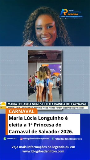 Maria Lúcia Longuinho foi eleita a 1ª Princesa do Carnaval de Salvador 2026. O evento foi realizada na noite desta segunda-feira, dia 02 de fevereiro, pelo FICET – Fórum Internacional de Comunicação, Ecologia e Turismo, com apoio da SETUR e da SECULT, e reuniu uma plateia vibrante, torcidas organizadas das 12 candidatas e um corpo de 11 jurados, responsáveis pela difícil missão de escolher as soberanas da maior festa popular do mundo. Com o salão do Fiesta Bahia Hotel completamente lotado, o púb