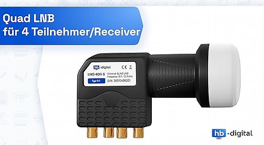 hb-digital Quad LNB - Test SEHR GUT* - für 4 Teilnehmer LTE Filter 4-Fach Full HD 4K 0.1dB mit Wetterschutz + 8X F-Stecker für TV Fernseher SAT Receiver Satellitenschüssel - Schwarz