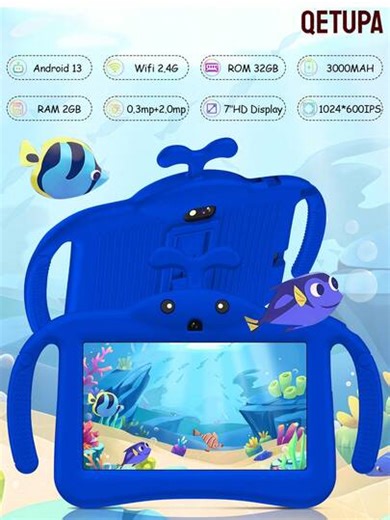 Qetupa 7-Inch Android 13 Kids Tablet, A133 Quad-Core 1.6GHz Processor, 2GB RAM + 32GB ROM, 1024*600 IPS Touchscreen, 3000mAh Battery, 0.3MP + 2.0MP Dual Cameras, 2.4G Wi-Fi, Comes With Shock-Proof Protective Case, Suitable For Reading And Gaming. Lightweight Design With Tempered Glass, Allowing You To Enjoy Entertainment Anytime, Anywhere. Can Be Used For Writing And Drawing In Apps Like OneNote (Adapter Not Included). | SHEIN