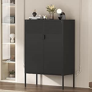 XIUSVON Black Metal Storage Cabinet,2 Door TV Stand, Metal Mesh Accent Cabinet,Magnetic Door Closure,Low Storage Cabinets with Doors and Shelf for Home,Office,Living Room