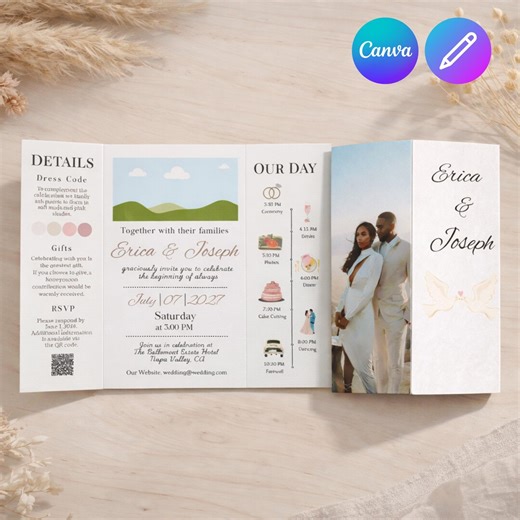 Editable Gatefold Wedding Invitation Template, Canva Wedding Invite With Photo, Folded Wedding Invitation Design - Etsy