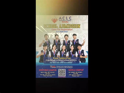 Dancing our way to your SHS journey! Feel the energy, fun, and unity at ACLC Northbay Campus—where learning is exciting and students grow together 💙 ‼️ EARLY REGISTRATION FOR S.Y. 2026–2027 IS NOW OPEN ‼️ 🎁 FREE READY-TO-WEAR SCHOOL UNIFORM 👉 for the first 500 NEW SHS students 🎓 100% FREE TUITION FEE 👉 for DepEd Voucher Holders 📣 WE ARE NOW ACCEPTING: ✅ Grade 10 Graduating Students ✅ ALS Graduating Students ✅ Transferees ✅ Returnees 📝 Register online now: 👉 [https://forms.gle/9noSu6jnSSc