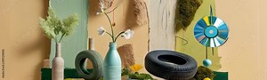 A creative display of eco-friendly vases made from repurposed bottles, tires, and various containers. Each item holds a plant, showcasing sustainable upcycling