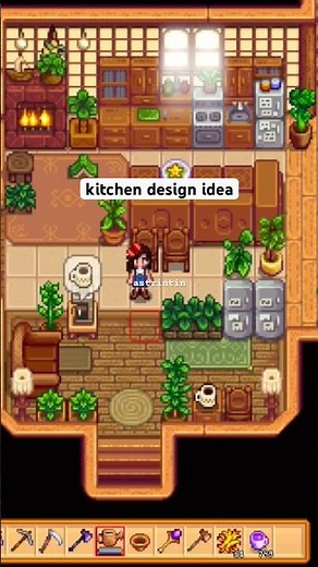 stardew valley kitchen design idea. #cozygames #stardewvalley #stardewvalleydesign