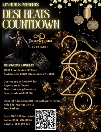 🎉 Get Ready to Welcome 2026 in Unforgettable Style! 🎉 New Jersey, the countdown begins now! DJ Parth and Team Twist ’n’ Turns are taking over Kove Bar & Banquet for the most electrifying New Year’s Eve 2026 Celebration in town! ✨ Expect a night packed with: 🔥 Heart-pumping Bollywood, EDM, Bhangra & Top Hits 💃 Non-stop dancing all evening 🎧 Signature DJ mixes by Parth 🎊 A vibrant party atmosphere to bring in the new year with style 📍 Venue: Kove Bar & Banquet 20 W Atlantic Ave, Audubon, NJ