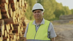 Forestry worker in helmet on background of sawn logs. Logging. Slow motion