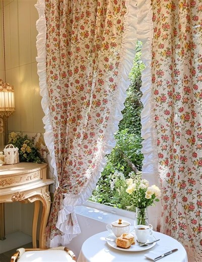 Floral French Retro Curtains, Garden Farmhouse Ruffled Edge Curtains, Cotton and Linen Light Filtering Curtains for Bedroom and Living Room - Etsy