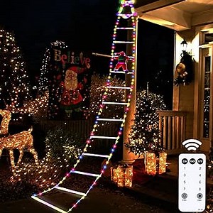 Christmas Decorative LED Ladder Lights with Climbing Santa Claus, 10FT 250LEDs Santa Climbing Ladder Lights with Remote & 8 Lighting Modes for Indoor Outdoor, Window, Garden, Home, Wall, Xmas Tree