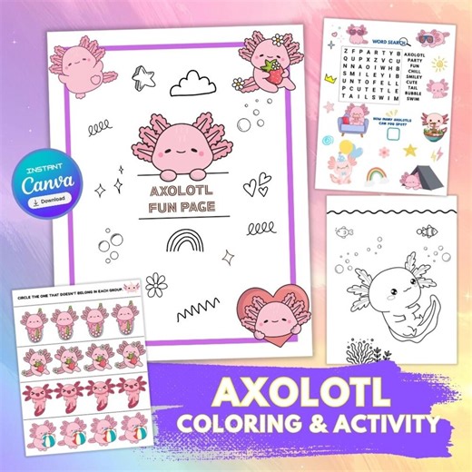 Axolotl Coloring Activity Pages for Kids | Printable Color Book | Digital Download - Etsy