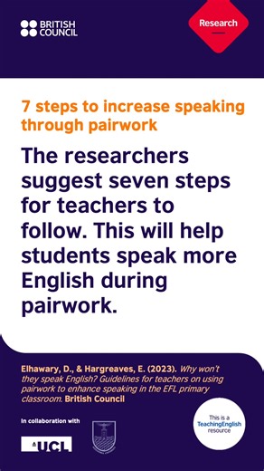 Follow these steps to get your students speaking. Read the full research paper here: https://www.teachingenglish.org.uk/publications/case-studies-insights-and-research/why-wont-they-speak-english :-) Karen #TeachingEnglish #ELTSubject #Speaking | TeachingEnglish - British Council