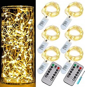 6 PACK Fairy String Lights Battery Operated with Timer 2PCS Remotes Twinkle Lights 20LEDs on 6.8ft Waterproof Silver Wire Starry Moon Fireflies lights,DIY Party Wedding Christmas Tabel Decor,WarmWhite