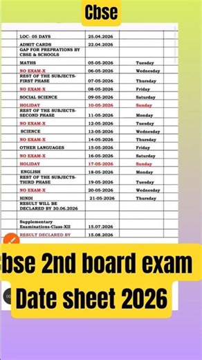 2nd board exam date sheet out 🔥 CBSE Board exam datesheet 2026 class 10th