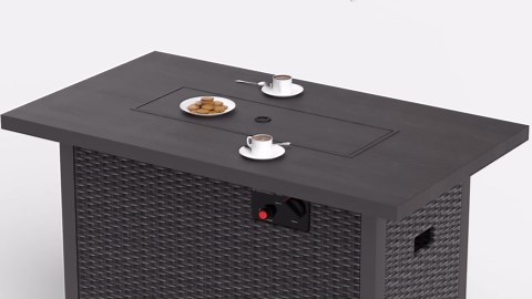 Phonjoroo Fire Pit Table 42 in Outdoor Propane Gas Fire Pit for Outside 50,000 BTU Auto-Ignition Gas Firepit Outdoor Rattan Table with Glass Wind Guard and Cover