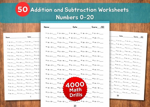 50 Addition and Subtraction Worksheets | Numbers 0-20 | 1st 2nd Grade Math Practice | Homeschool Printable | Answers Included - Etsy