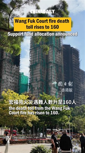 As of 4 pm on Tuesday, the death toll from the Wang Fuk Court fire in Tai Po has risen to 160. The Deputy Chief Secretary for Administration of the HKSAR government, Warner Cheuk Wing-hing, on Wednesday announced that each flat owner would receive a one-time subsidy of HK$100,000 ($12,851) drawn from the Support Fund for Wang Fuk Court. | China Daily