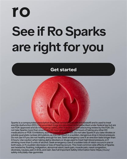 Ro on Instagram: "Struggling with ED? Ro Sparks get you harder, faster. Sparks are a powerful 2-in-1 prescription ED treatment that works in 15 mins on average* and lasts up to 36 hrs! 💥 Spark a change in your sex life. Connect with a provider and, if prescribed, get treatment 100% online. *after medication dissolved ________________________________________________________ Sparks is a compounded prescription drug that contains sildenafil and tadalafil and is used to treat erectile dysfunction (