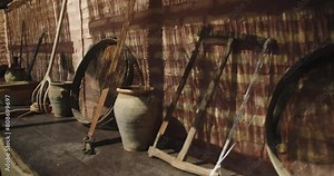 Slow motion shot of medieval artifacts and products at a village fair in southern Spain during the morning sun