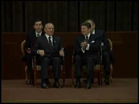 President Reagan and Mikhail Gorbachev at the International Press Center on November 21, 1985