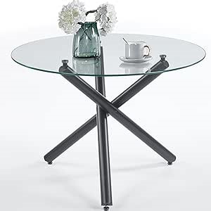 36 Inch Round Dining Table for 2 People, Modern Dining Room Tables with Tempered Glass Top and X-Shaped Black Chrome Metal Legs, 36" Circular Clear Glass Kitchen Table Dinner Breakfast