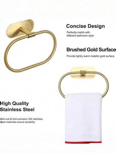 Self-Adhesive Bathroom Towel Rack, Towel Ring, Black/Silver Dishcloth Rack, Hole-Free Stainless Steel Hanger, Hand Towel Rack, Bathroom Accessories, Storage Items, Suitable For Home, Hotel, Motel Towel Storage (Gold, Black, Silver) | SHEIN