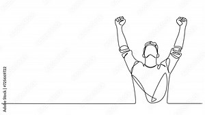 animated continuous single line drawing of cheering man with raised arms, line art animation