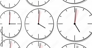 Alarm Clock animation. Seamless motion animated footage, white background, time concept. Move over many clocks, 24 hour Timelapse, spinning seamless loop. Wall Clocks in different time zones.