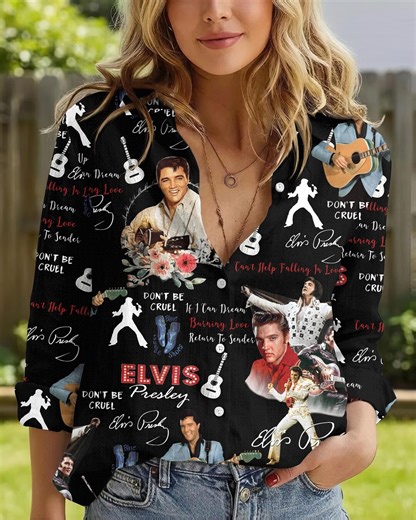 Elvis Presley Blouse Shirt, King of Rock N Roll Women Top, Vintage Music Fan Gift, Retro Short Sleeve Button up Rockabilly Style Elvis Merch - Etsy UK