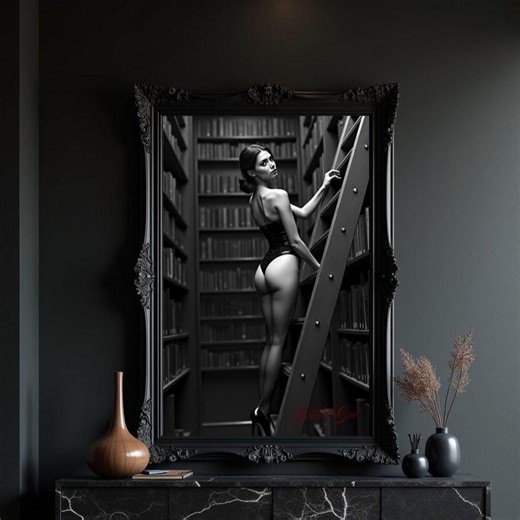 Rebel Librarian Art, Sexy Library Ladder Print, Dark Academia Provocative Poster, High Heels & Lingerie Decor, Secret Archive Wall Art - Etsy
