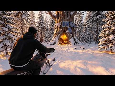 Building a Cozy Hidden Home Inside a Giant Hollow Tree While Snow Falls (ASMR)