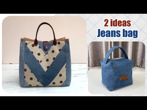 2 ideas denim tote bag and cosmetic bag from scrap old jeans , Patchwork ideas into tote bag pattern