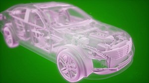 Holographic animation of 3D wireframe car model with engine