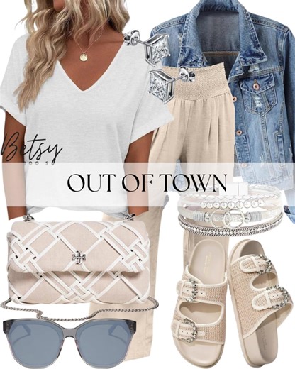 New Look! Neutrals that shine! 🤍✨ This outfit is everything—soft joggers, a classic white tee, a distressed denim jacket, and just the right amount of sparkle with glam sandals, a statement bag, and stacked bracelets. Effortless and elevated! Style Tip: Toss your hair in a bun and add a bold lip for a quick day-to-night switch. 💄🙌🏼 Shop Links in Bio! #AmazonFashionFinds #BetsyBoosStyle #NeutralStyle #CasualChic #AmazonOutfits #SummerStyle2025 #AmazonOOTD #EverydayGlam #DenimAndNeutrals #Week