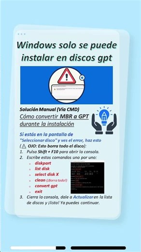 ¡Resuelto! Windows solo se puede instalar en discos GPT #windows #reparación #pctips #fyp #shorts