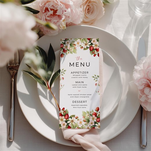 Berry in Love Bridal Shower Menu | Strawberry Bridal Brunch Menu | Berry Sweet Summer Shower Menu Card | Printable Canva Template | B01 - Etsy