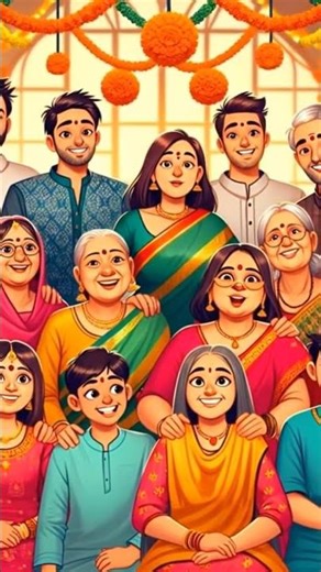 A simple joint family vector layout showing a happy multi-generation family standing together.