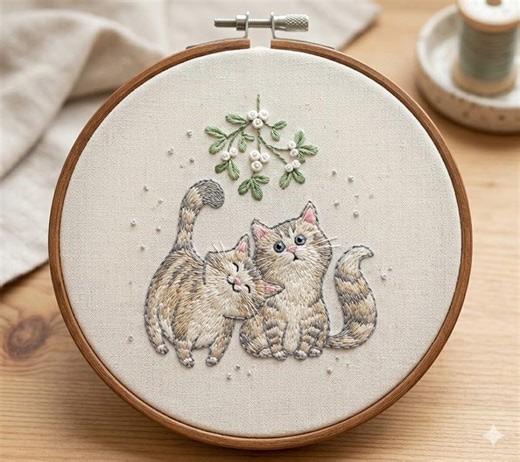 Mistletoe Snuggle Hand Embroidery Pattern, Cat With Mistletoe Flowers Embroidery PDF Instant Download - Etsy