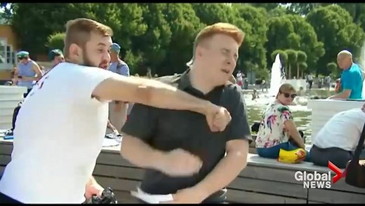 Angry drunk man punches Russian reporter in the face in the middle of a live broadcast