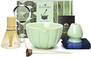 Artcome 7 Pcs Japanese Matcha Tea Set - Matcha Bowl with Pouring Spout, Matcha Whisk, Tea Scoop, Whisk Holder, Handmade Matcha Ceremony Kit For Japanese Tea Ceremony, Green