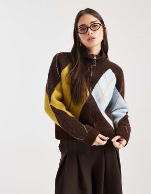 ASOS DESIGN knitted argyle zip up cardigan in brown | ASOS