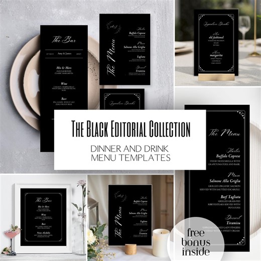 Wedding Menu Template Bundle Printable Wedding Dinner and Drink Menu Wedding Bar Signage Editable Black & White Menu Templates (canva) - Etsy