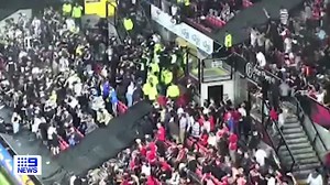 Fresh vision has been released of Melbourne Victory fans behaving badly at Coopers Stadium, after the supporters were hit with an indefinite ban from Adelaide United home games. Only United members and tickets holders with an SA postcode will be allowed entry into the stadium. MORE: https://nine.social/jtS #9News | WATCH LIVE 6pm | 9 News Adelaide